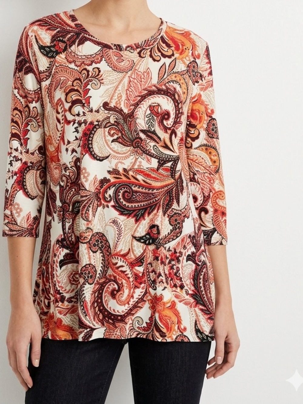 Jessica London Paisley Print Tunic Top in Cream, Red, Brown